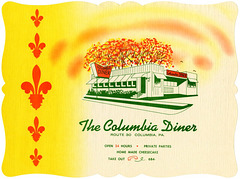 Columbia Diner Place Mat, Route 30, Columbia, Pa.