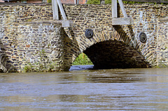 Tilford Packhorse Bridge downstream 'cut-waters' with River Wey in flood - April 2014