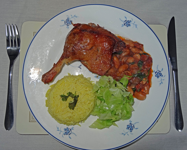 Duck leg with chorizo and white beans.