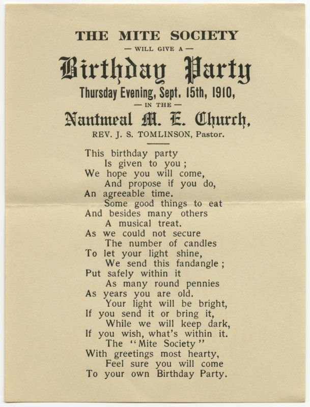 Birthday Party, Nantmeal M. E. Church, Sept. 15, 1910