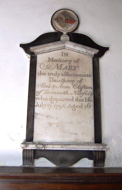 Memorial to Mary Clifton, Spexhall Church, Suffolk