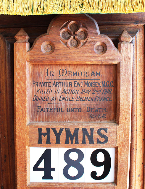 Detail of Memorial to Private Arthur Moisey, Saint Rumbold, Stoke Doyle, Northamptonshire