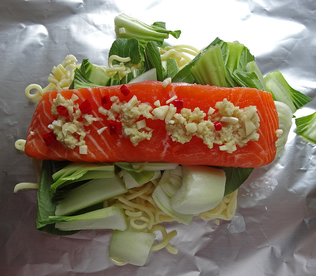 Spicy Asian Salmon parcels before being cooked