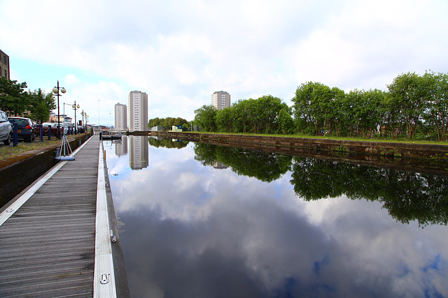 The Canal bank quay at Speirs Wharf with Glasgow City skyline behind