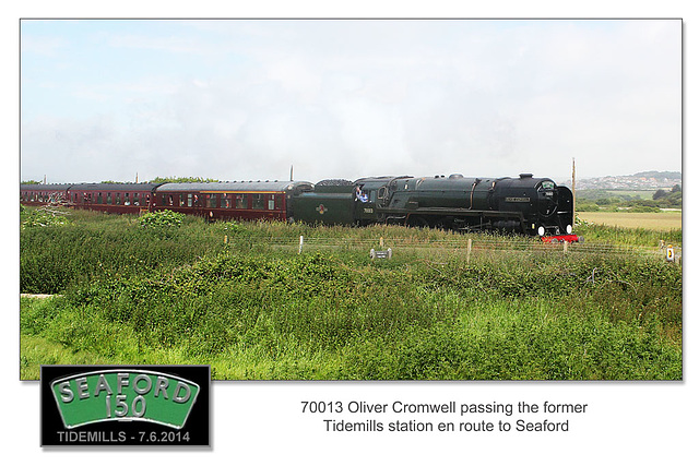 Seaford 150 - 70013 Oliver Cromwell passing Tidemills - 7.6.2014