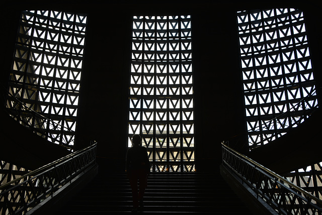 silhouette contre-jour dans l'escalier du Conseil Economique et Social