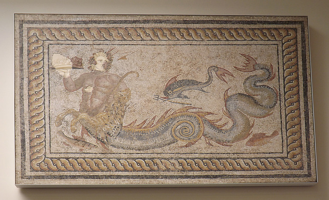 Triton with a Dolphin and Two Fish Mosaic Panel from Ephesus in the British Museum, May 2014