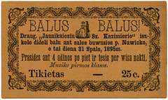Lithuanian-American Dance Ticket, October 31, 1895