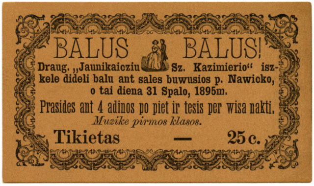 Lithuanian-American Dance Ticket, October 31, 1895