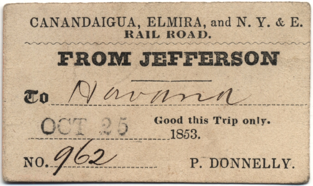 Canandaigua, Elmira, and N.Y.& E. Railroad Ticket 1853