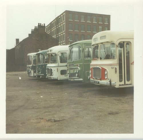 Line up of coaches at Rochdale - August 1972