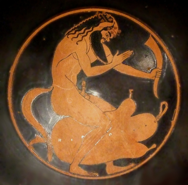 Detail of a Kylix with a Satyr on a Wineskin by Epiktetos in the Boston Museum of Fine Arts, June 2010