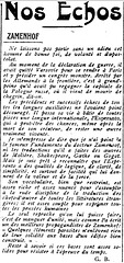 Hommage au Dr Zamenhof dans "L'Homme enchaîné" de Georges Clemenceau