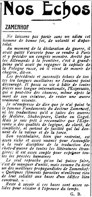 Hommage au Dr Zamenhof dans "L'Homme enchaîné" de Georges Clemenceau