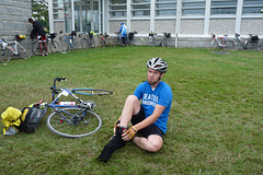 Corey Thompson at Lycee General Technologique P. Serusier, the Carhaix control, looking like he had ridden 700km (and he had!)