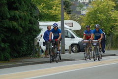 Left to right: Mark Thomas, Joel Platzner, and Corey Thompson arriving in Carhaix during the evening of August 23
