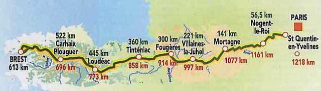Map: 2011 Paris-Brest-Paris course (with distances)