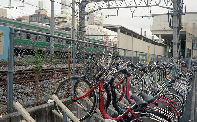 Bike parking lot by railway tracks