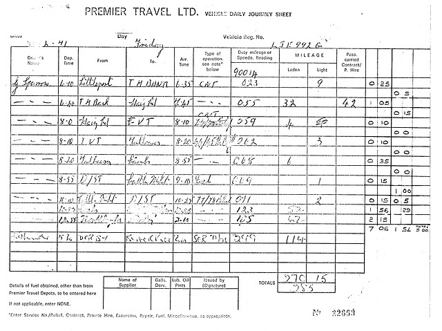 951 Premier Travel: Drivers log sheet LJE 992G 26 Feb 1971