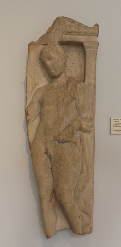 Marble Fragment of a Tombstone from Athens: Youth Holding a Bird in the British Museum, May 2014
