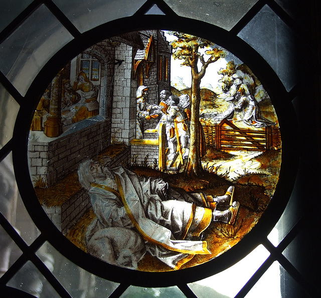 The Blinding of Tobit Stained Glass Roundel in the Cloisters, October 2010