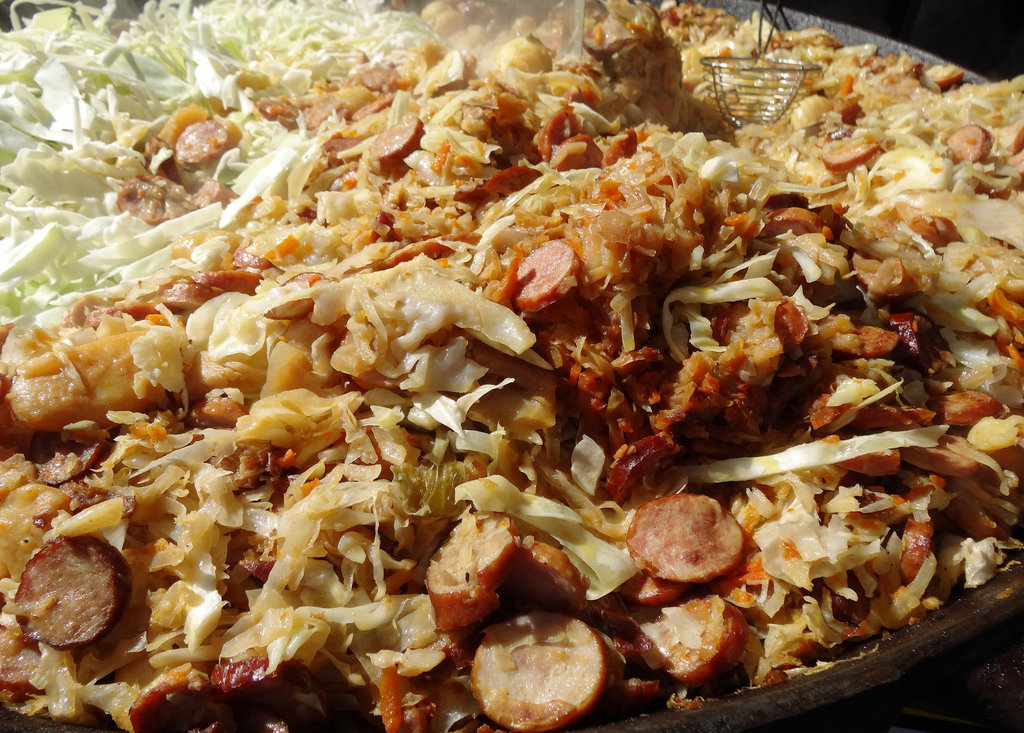 Cabbage, German sausages, bacon, ham, onions.