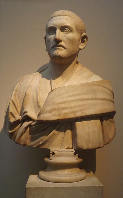 Marble Bust of a Man Wearing a Toga with Thick Folds in the British Museum, May 2014