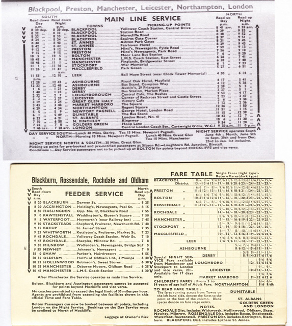 Yelloway Lancashire-London service timetable 1932