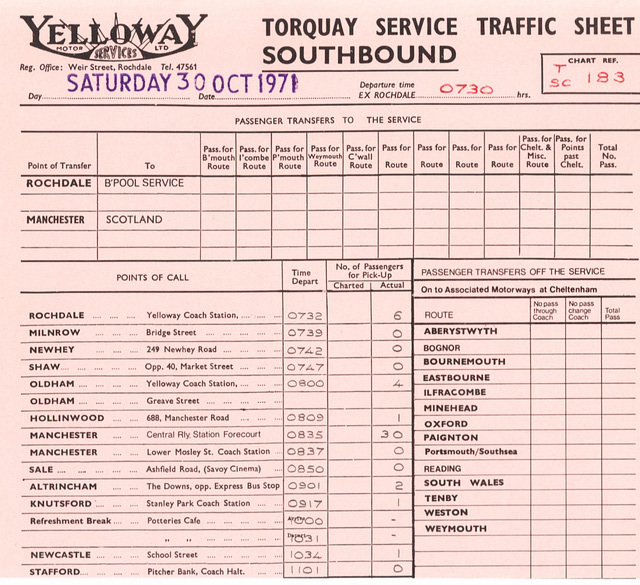 Yelloway Devonian service Southbound Traffic Sheet (Upper part)