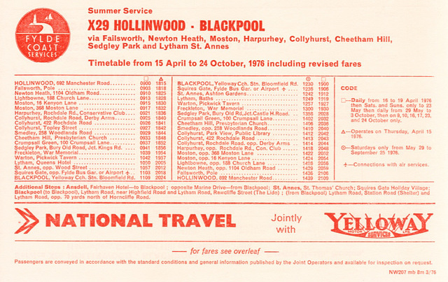Yelloway and National Travel service X29 timetable Yelloway and National Travel service X29 timetable