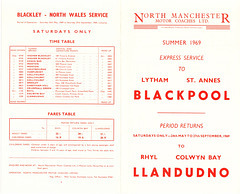 North Manchester Motor Coaches Blackpool and North Wales holiday services timetable leaflet Summer 1969 (Pages 4 and 1)