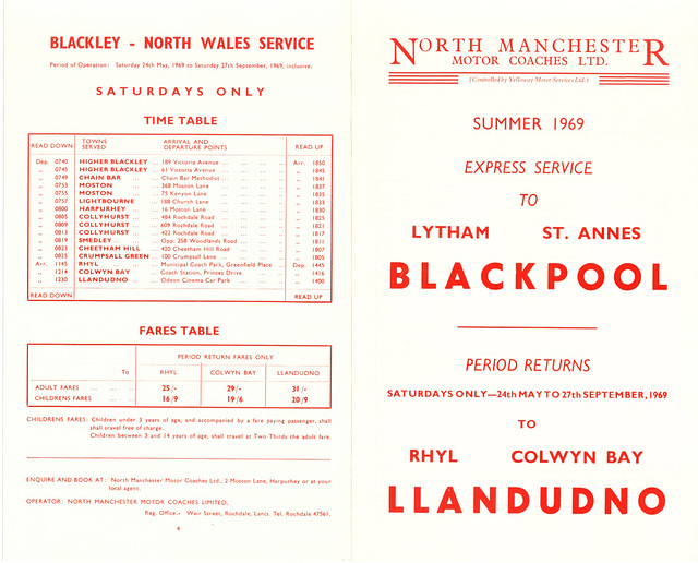 North Manchester Motor Coaches Blackpool and North Wales holiday services timetable leaflet Summer 1969 (Pages 4 and 1)