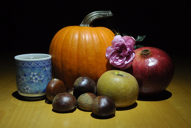 still life pumpkin and pomegranate