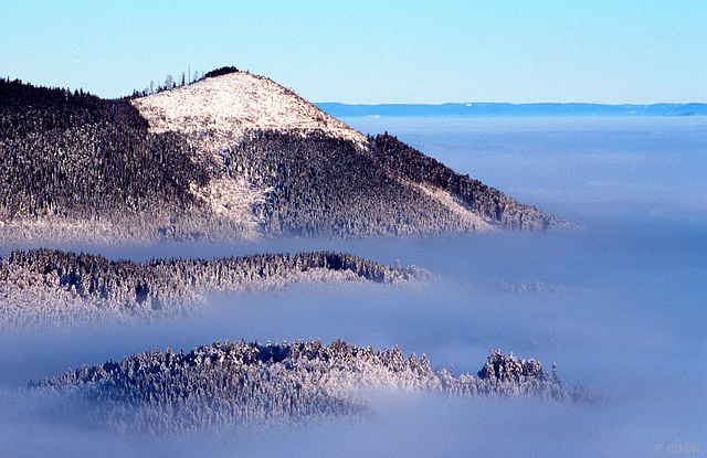 La Grande Côte émergeant d'une mer de brouillard