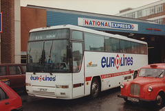 KMP Llanberis (Wales) J117 NJT (in Eurolines/Bus Éireann livery) leaving Digbeth Coach Station, Birmingham