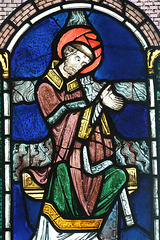 Detail of The Martyrdom of St. Lawrence Stained Glass in the Cloisters, June 2011