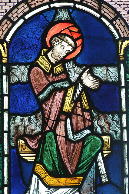 Detail of The Martyrdom of St. Lawrence Stained Glass in the Cloisters, June 2011