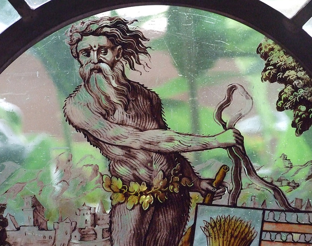 Detail of the Wild Man Supporting a Heraldic Shield Stained Glass Roundel in the Cloisters, June 2011