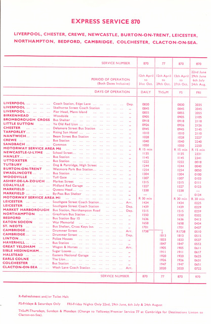 870/2 Yelloway, Premier Travel and National Express Liverpool-Clacton service timetable Summer 1979