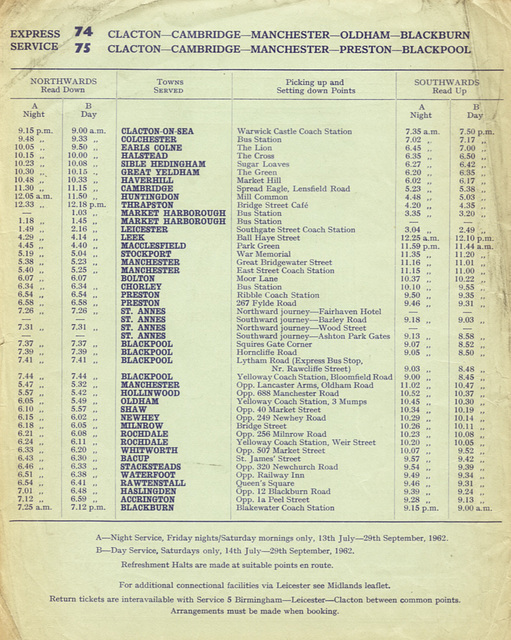 74 Premier Travel and Yelloway East Anglia to the North West services 1962 timetable 74 Premier Travel and Yelloway East Anglia to the North West services 1962 timetable