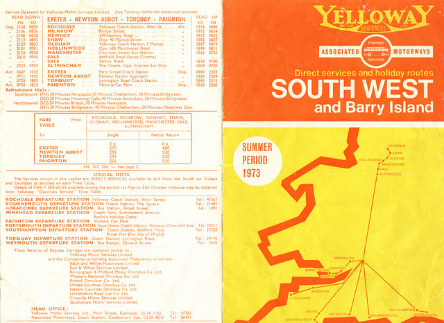 Yelloway/Associated Motorways Holiday Express Services timetable - Summer 1973 (Pages 4 and 1)