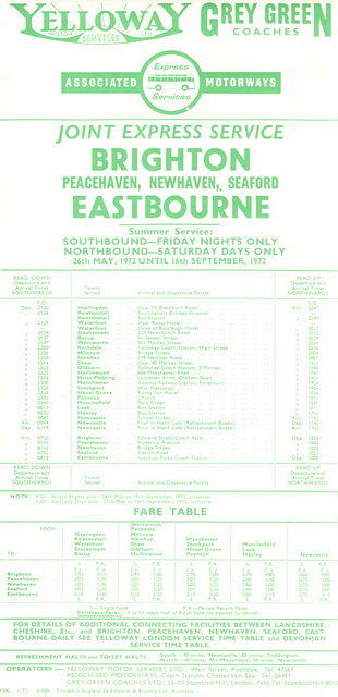 Yelloway and joint operators North West-Eastbourne holiday express timetable - Summer 1972