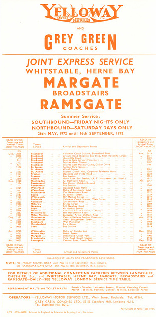 Yelloway and Grey Green North West-Thanet holiday express timetable - Summer 1972