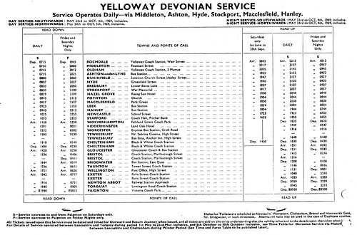 Yelloway Devonian Service (later to become service X15) timetable - Summer 1969