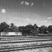 Scène de chemins de fer en noir et blanc.