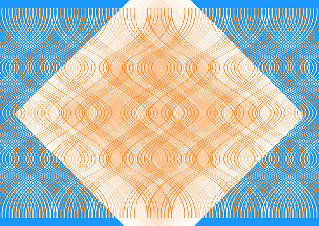 curvy overlapping fractal pattern in pale blue, orange & white