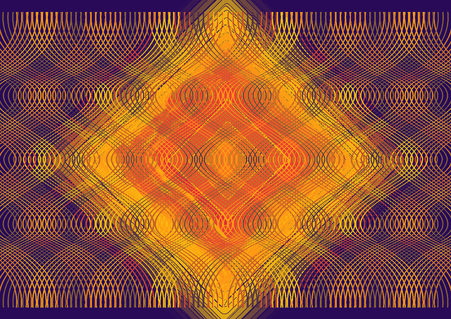 curvy overlapping fractal pattern in purple orange & yellow