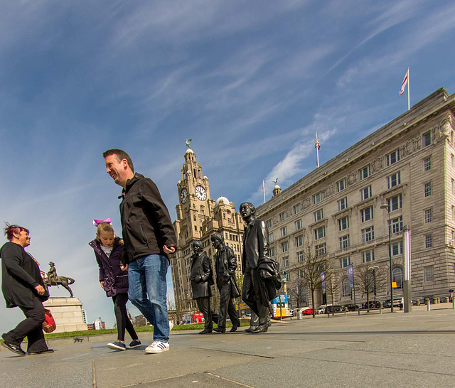 The Beatles statues with the Royal Liver building in the background, Liverpool