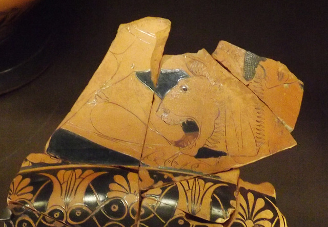Detail of a Fragment of a Calyx Krater Signed by Euphronius with Herakles Wrestling the Nemean Lion in the Louvre, June 2013
