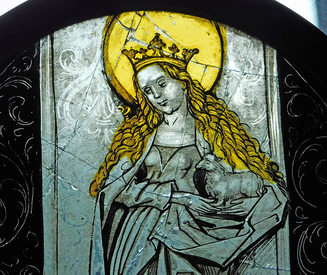 Detail of the St. Agnes Stained Glass Roundel in the Cloisters, October 2017